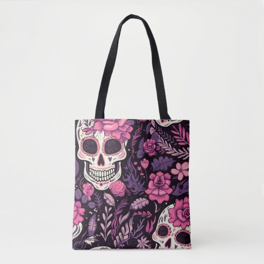 Gothic Cool Sugar Schedel Bloemen Modern Elegant Tote Bag (Voorkant)