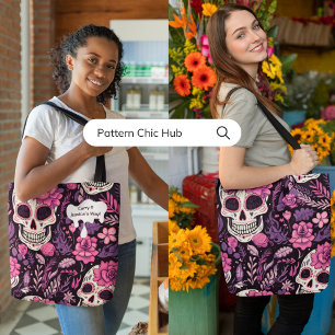 Gothic Cool Sugar Schedel Bloemen Modern Elegant Tote Bag