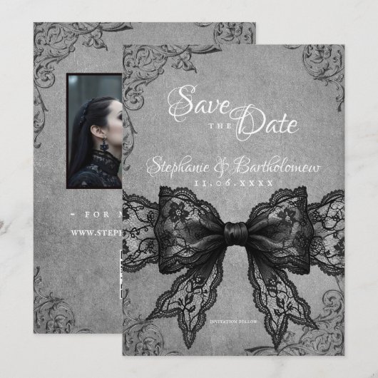 Gothic Coquette Black Lace Bow Photo Save The Date (Voorkant / Achterkant)