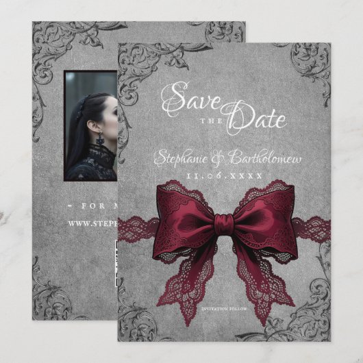 Gothic Coquette Burgundy Bow Photo Save The Date (Voorkant / Achterkant)