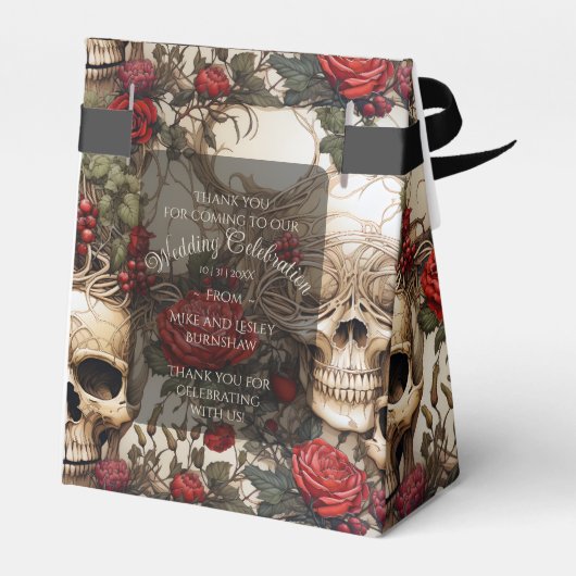 Gothic Cream en Red Skulls Rozen Biker Bruiloft Bedankdoosjes (Achterkant)