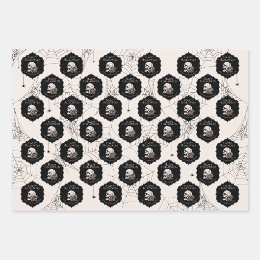 Gothic Cream Skulls en Stripes Halloween Inpakpapier Vel (Voorkant)