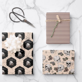 Gothic Cream Skulls en Stripes Halloween Inpakpapier Vel