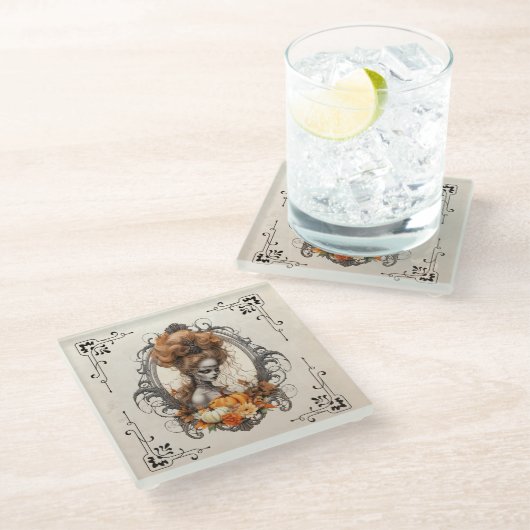 Gothic Creepy Lady Pumpkins Glazen Onderzetter (Schuin)