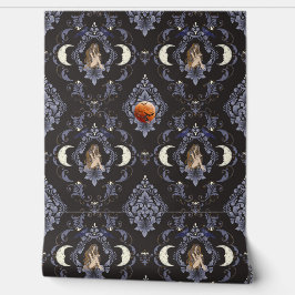 Gothic Crescent Moon Maiden Blue Damask Behang