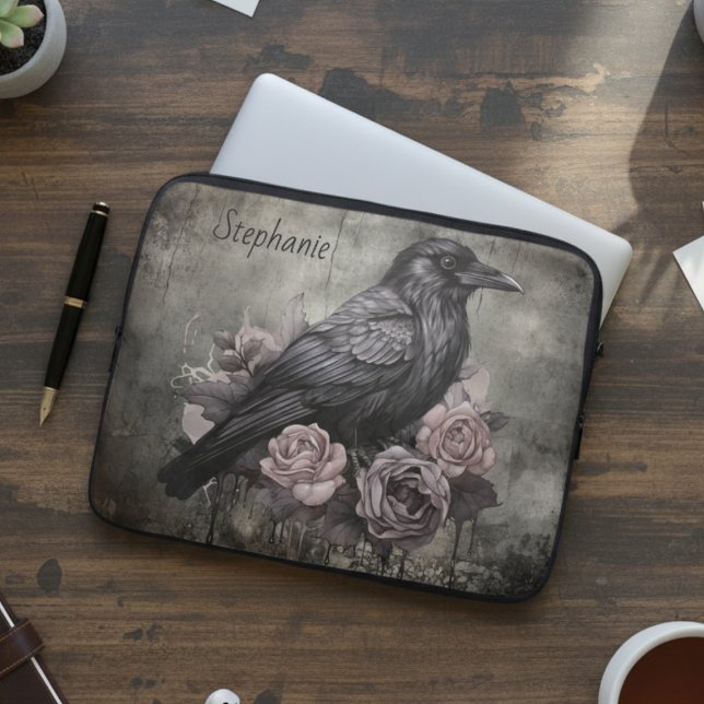 Gothic Crow Dark Academia Floral Laptop Sleeve (Black raven with roses personalized laptop sleeve)