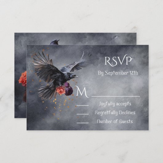 Gothic Crow Floral Bruiloft antwoordkaarten RSVP Kaart (Voorkant / Achterkant)