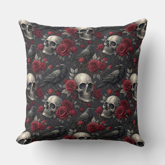 Gothic Crow Skull Print Donker Roos Raven Skull Kussen (Voorkant)