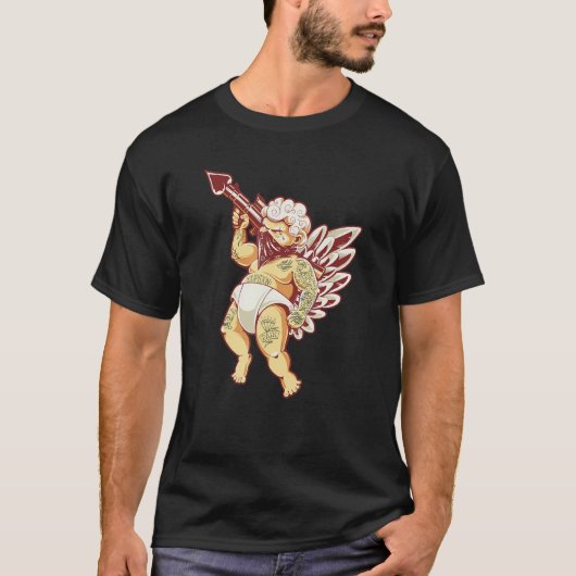Gothic Cupid With Gun Tattoo Tattooed Cupid Valent T-shirt (Voorkant)