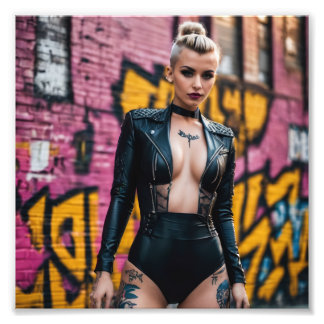 Gothic Cyber Punk Meisje Graffiti Alley Zwart Leer Foto Afdruk