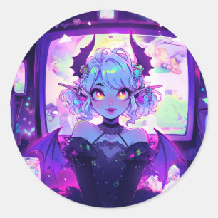 Gothic Cyberpunk Demon Fantasy Anime Girl Ronde Sticker