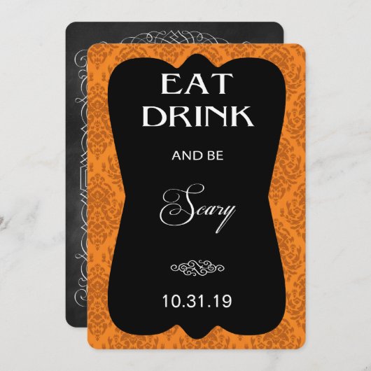 Gothic Damask Halloween Party Invitation (Oranje) Kaart (Voorkant / Achterkant)