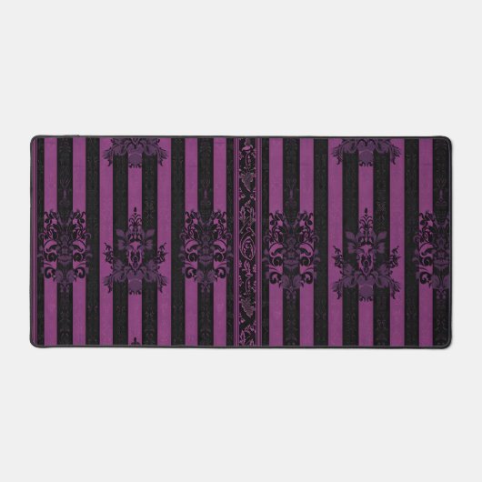 Gothic Damask Purple & Black Striped Desk Mat  (Voorkant)