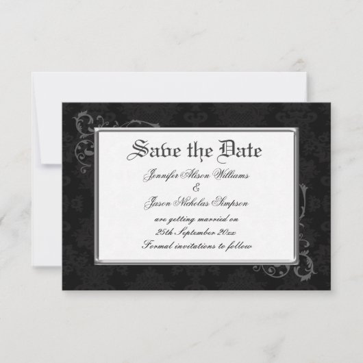 Gothic Damask Save the Date in Black & White (Voorkant)