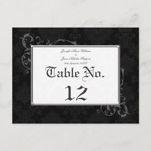Gothic Damask Trouwtafel Nummer Zwart & Wit Briefkaart (Voorkant)