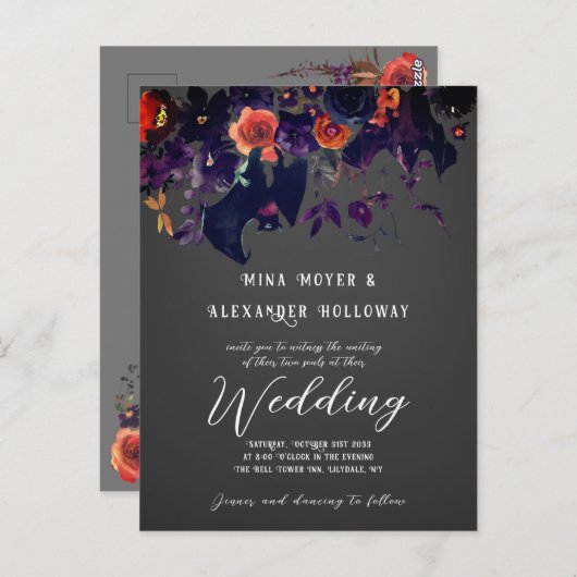 Gothic Dark Floral met vleermuizen QRC Bruiloft Briefkaart (Voorkant / Achterkant)