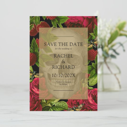 Gothic Dark Floral Wedding Flat Save the Date Kaar (Staand voorkant)