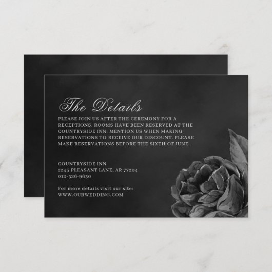 Gothic Dark Moody Monochrome Roos Wedding Informatiekaartje (Voorkant / Achterkant)