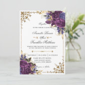 Gothic  Dark Paars Floral Gold Wedding Kaart (Staand voorkant)