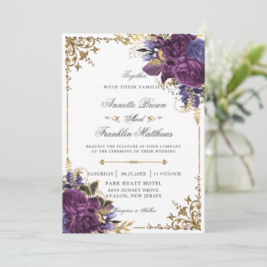 Gothic  Dark Paars Floral Gold Wedding Kaart (Staand voorkant)
