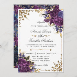 Gothic Dark Paars Floral Gold Wedding Kaart