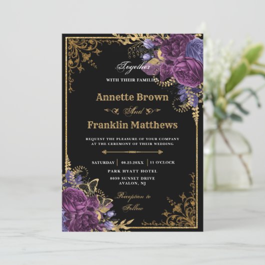 Gothic Dark Paarse Floral  Gold Wedding Kaart (Staand voorkant)