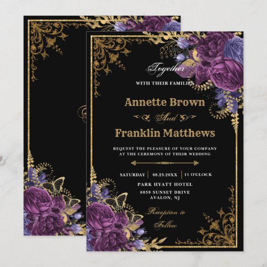 Gothic Dark Paarse Floral  Gold Wedding Kaart (Voorkant / Achterkant)
