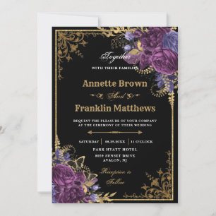 Gothic Dark Paarse Floral Gold Wedding Kaart