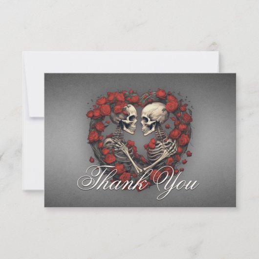 Gothic Dark Skeletons & Roos Hart Bruiloft Bedankkaart (Voorkant)