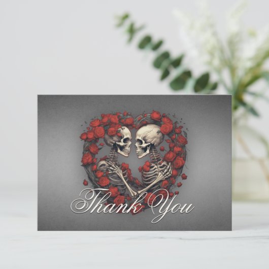 Gothic Dark Skeletons & Roos Hart Bruiloft Bedankkaart (Staand voorkant)