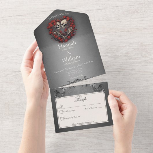 Gothic Dark Skeletons & Roos Heart No Dinner All In One Uitnodiging (Afscheurbaar)
