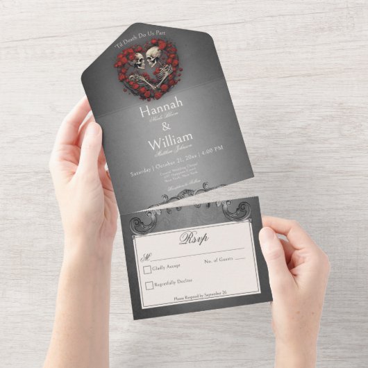 Gothic Dark Skeletons & Roos Heart No Dinner All In One Uitnodiging (Afscheurbaar)