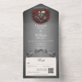 Gothic Dark Skeletons & Roos Heart QR Code All In One Uitnodiging (Binnen)