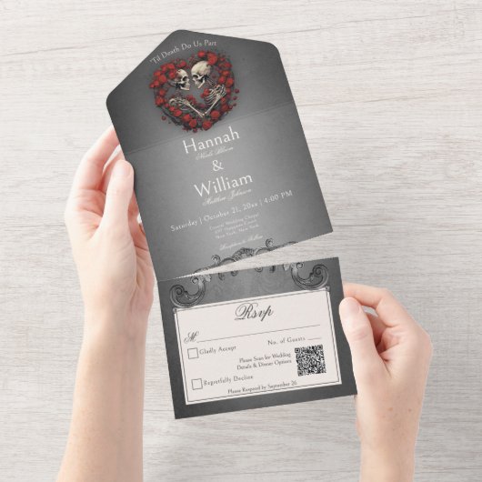 Gothic Dark Skeletons & Roos Heart QR Code All In One Uitnodiging (Afscheurbaar)