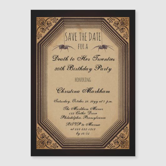 Gothic Deco Death to her 20s Birthday Party Save T Magnetische Uitnodiging (Voorkant)