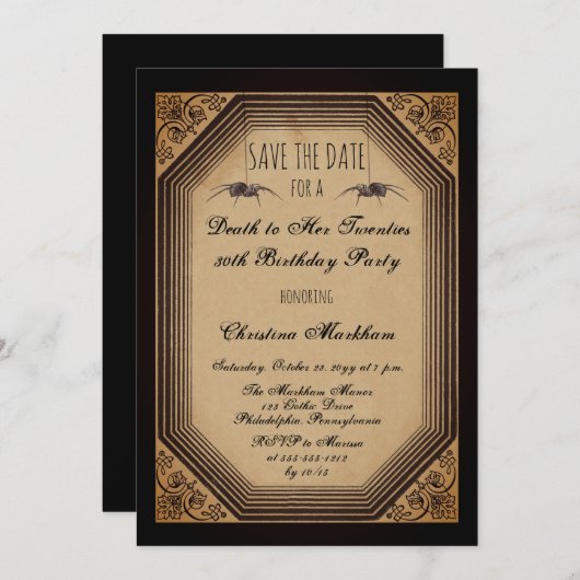 Gothic Deco Death to her 20s Birthday Party Save The Date (Voorkant / Achterkant)