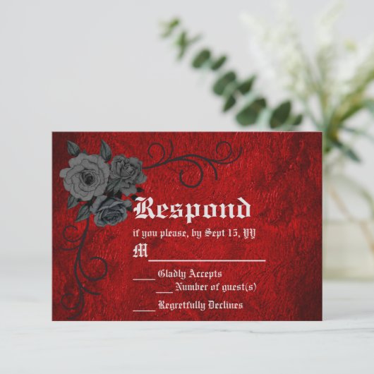 Gothic Deep Red Black Rozen Weduwkaart RSVP Kaartje (Staand voorkant)