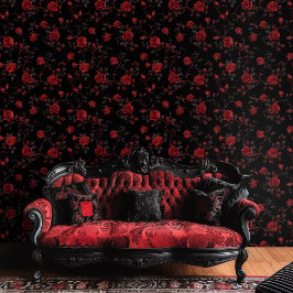Gothic Deep Red Roses op zwarte achtergrond Behang