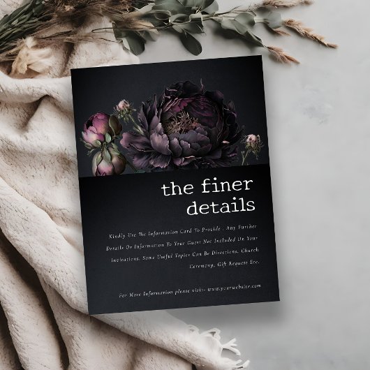 Gothic donker Paarse zwarte pioen bruiloft details Informatiekaartje