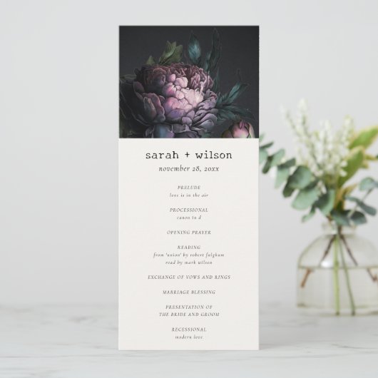 Gothic donker Paarse zwarte pioen bruiloft program Kaart (Staand voorkant)