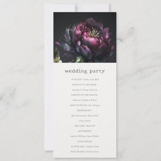 Gothic donker Paarse zwarte pioen bruiloft program Kaart (Achterkant)