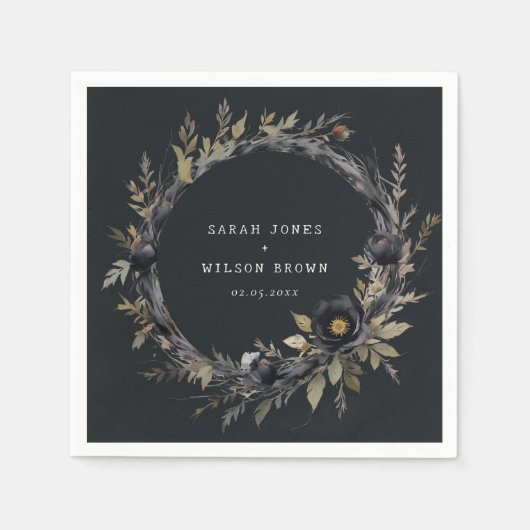 Gothic donkere Waterverf zwart Roos krans bruiloft Servet (Voorkant)