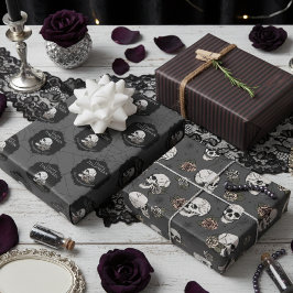 Gothic Donkergrijze schedels en strepen Halloween Inpakpapier Vel