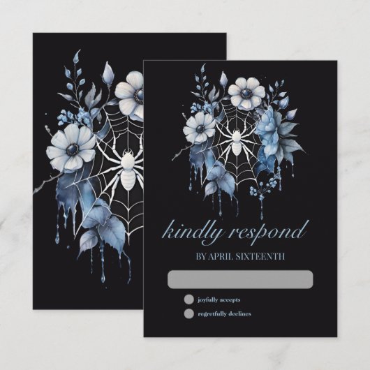 Gothic Dusty Blue Floral Spider Web Handfasting RSVP Kaartje (Voorkant / Achterkant)