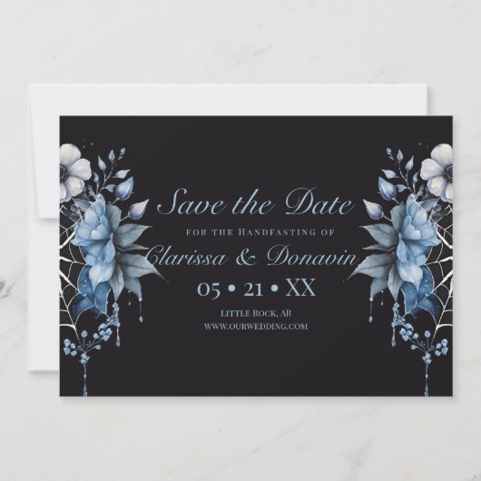 Gothic Dusty Blue Floral Spider Web Handfasting Save The Date (Voorkant)
