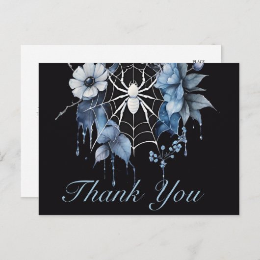 Gothic Dusty Blue Floral Spiderweb Bedankt Briefkaart (Voorkant / Achterkant)