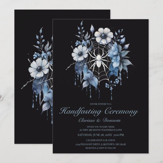 Gothic Dusty Blue Spider Bloemen Web Handfasting Kaart (Voorkant / Achterkant)