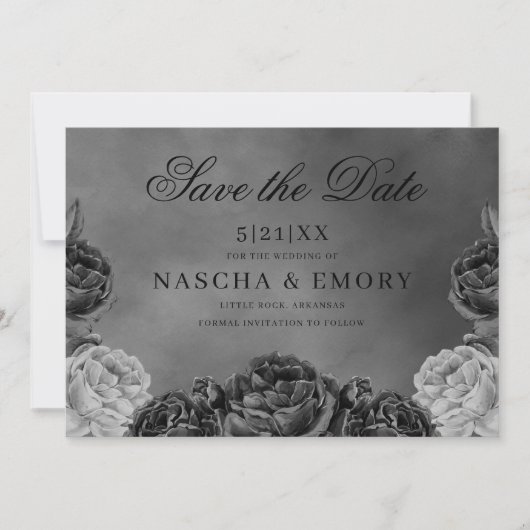 Gothic Elegance Grey Monochrome Roos Save the Date (Voorkant)