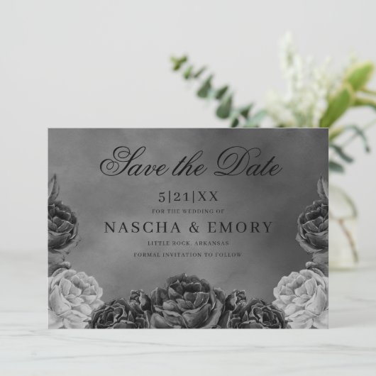 Gothic Elegance Grey Monochrome Roos Save the Date (Staand voorkant)