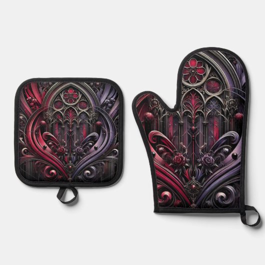 Gothic Elegance Oven Mitt en Pot Houder Set (Voorkant)